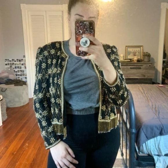 VINTAGE NIPON NIGHT BEADED FRINGE SILK JACKET 8 - Picture 2 of 16